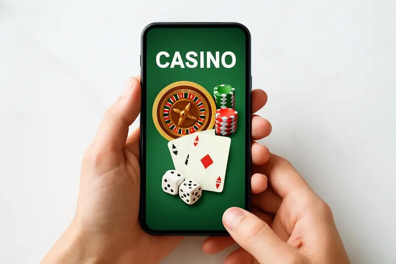 Hands holding smartphone with casino app on white marble surface