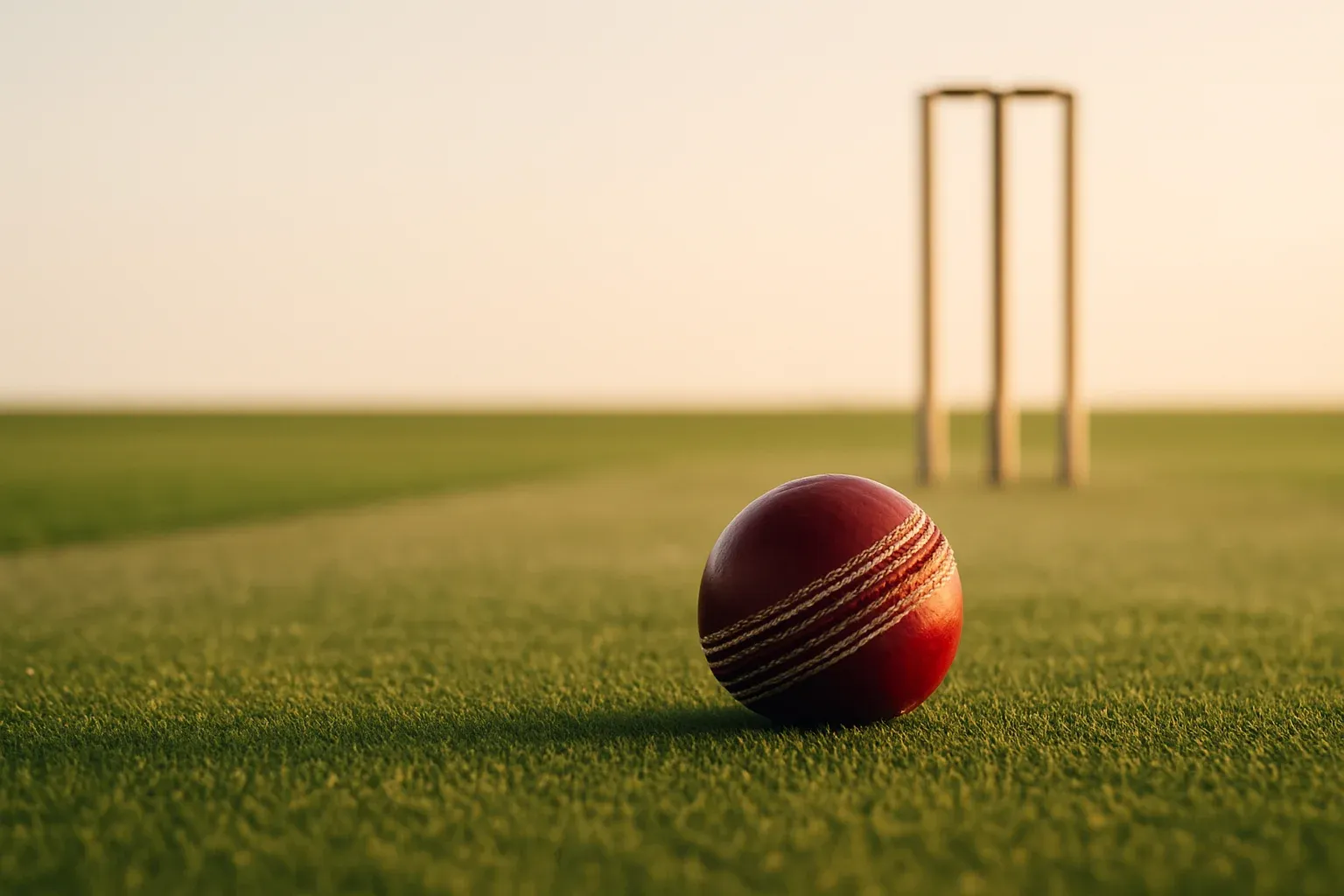 Red cricket ball on mown grass with stumps at dusk
