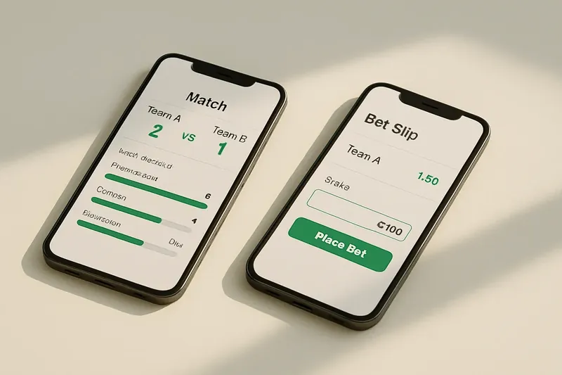 Two smartphones showing match dashboard and bet slip on cream surface
