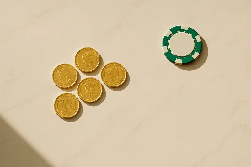 Five gold coins on cream marble with poker chip edge