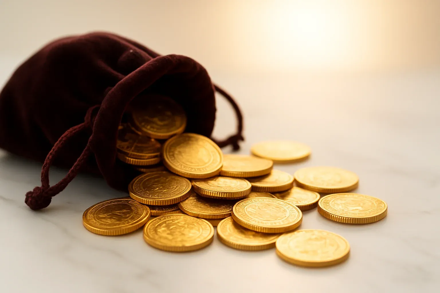Golden coins spilling from velvet pouch on white marble surface
