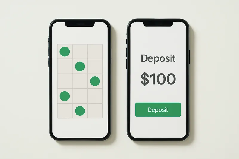 Two smartphones on cream background showing game grid and deposit screen