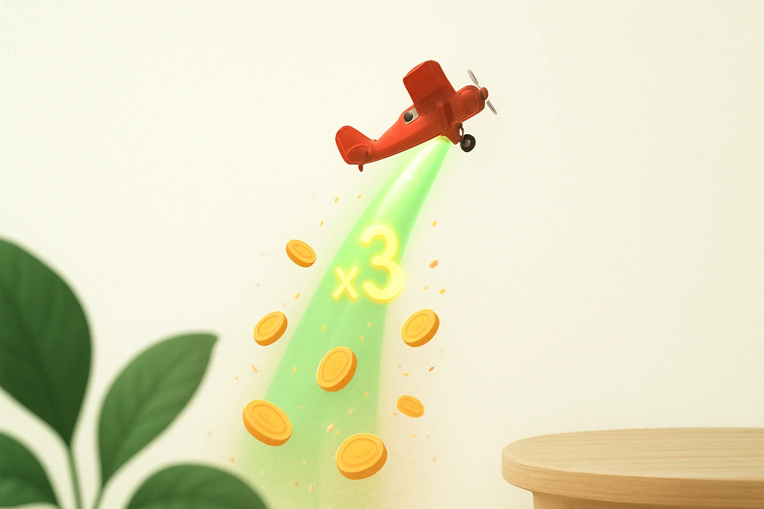 Small red airplane climbing with glowing multiplier trail, coins and sparks