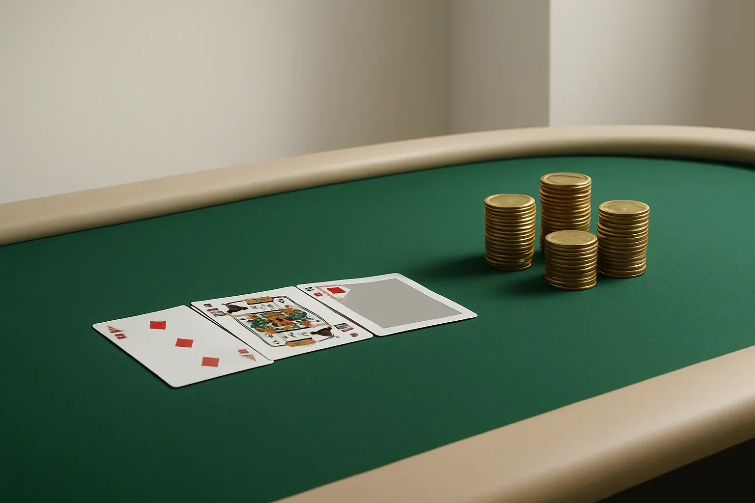 Green felt casino table with arranged cards and stacked gold chips