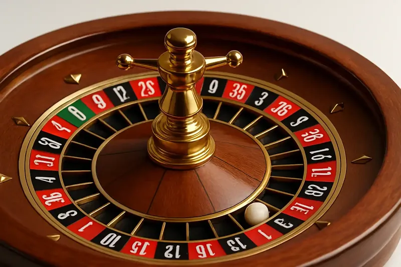 Close-up overhead of roulette wheel center with gold accents