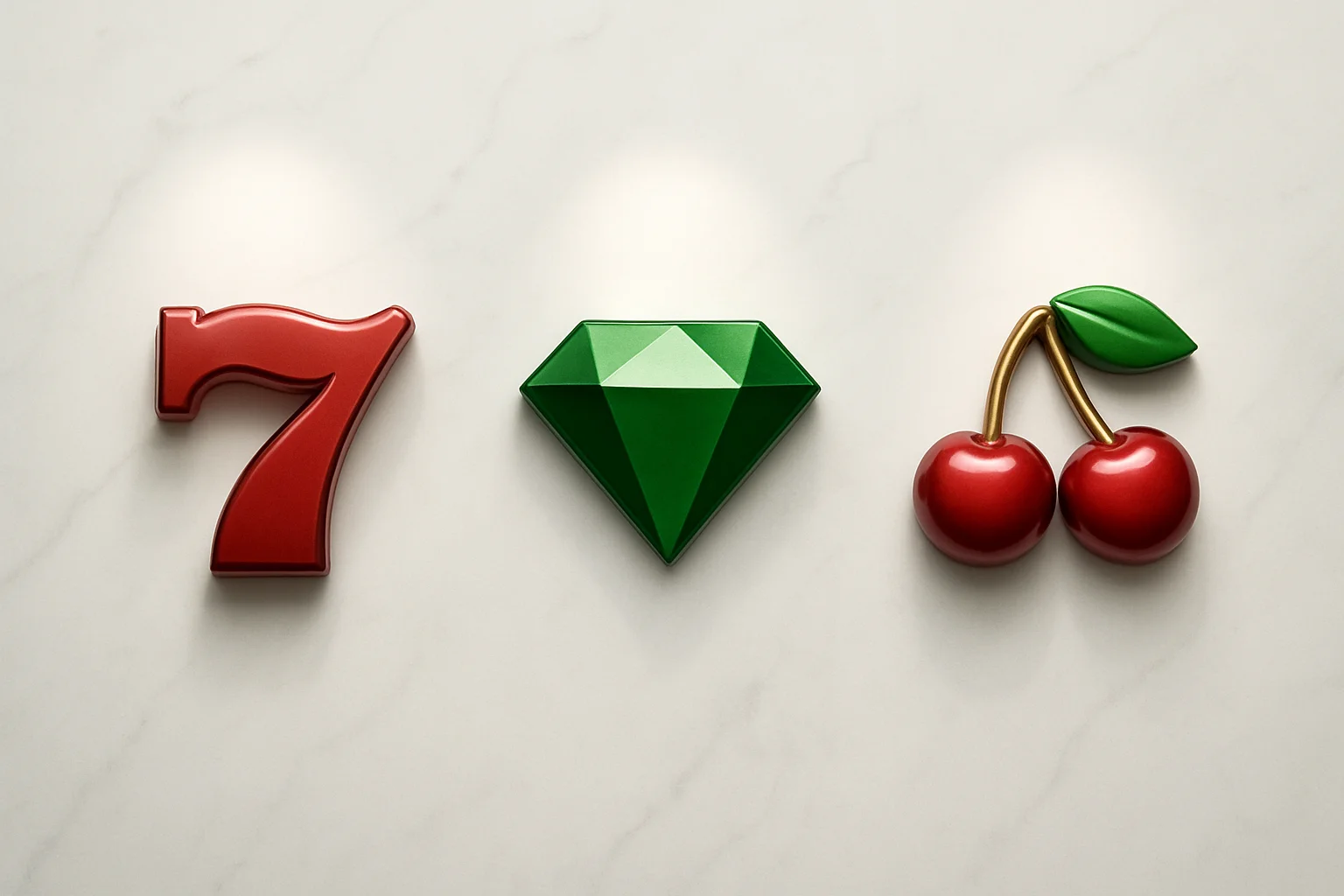 Three polished slot symbols on white marble with warm spotlights